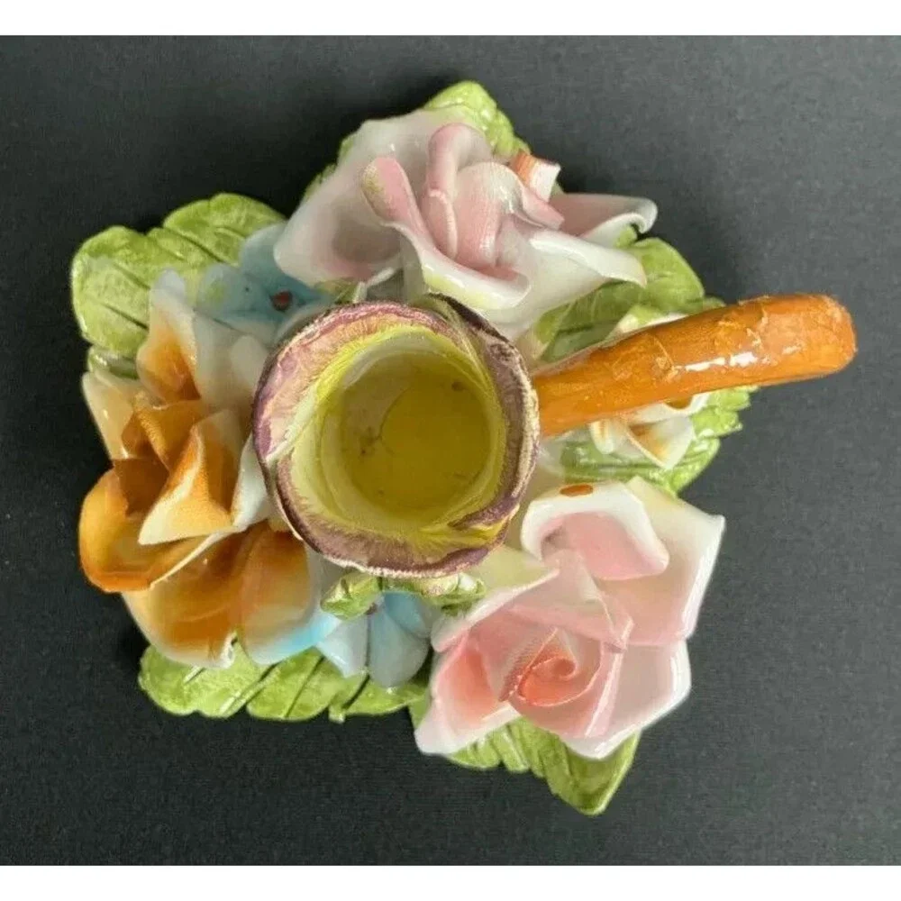 VTG Bassano Italy 4pc Porcelain Ceramic Multicolor Rose Candle Holder Rare 3”